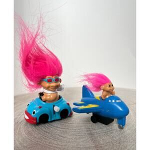 Vintage 1990's Russ Troll Doll Pink Hair in Blue Wind-Up Toy Car Airplane WORKS